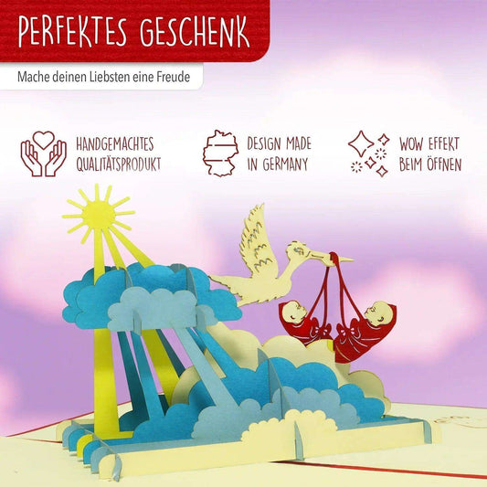 3D Pop-Up Karte Geburt Zwillinge - Glückwunschkarte Klapperstorch mit 2 Babys, N240 - LINPopUp