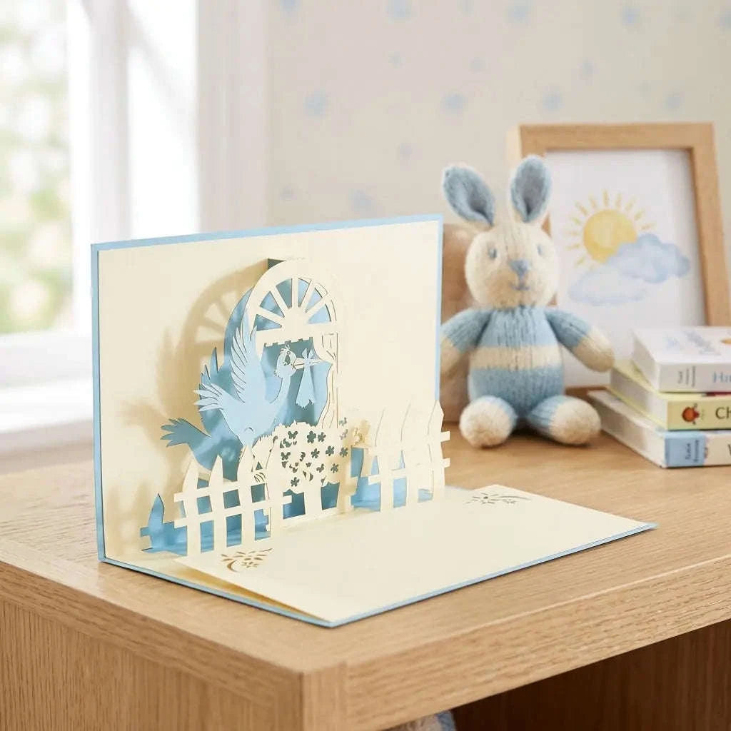 Pop-Up Karte 3D Storch Blau – zur Geburt eines Sohnes | LINPopUp LINPopUp 17330-N101