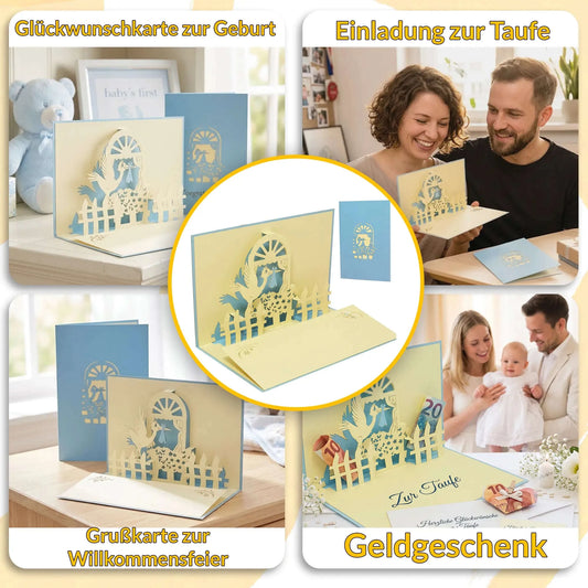 Pop-Up Karte 3D Storch Blau – zur Geburt eines Sohnes | LINPopUp LINPopUp 17330-N101