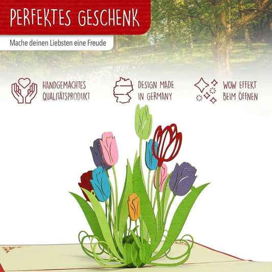 Pop Up Karte 3D Bunte Tulpen Blumen – Grußkarte Geburtstag & Muttertag - LINPopUp