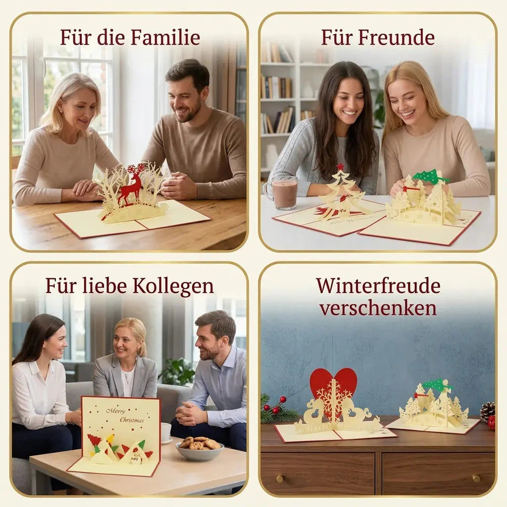 Pop-Up-Karten aus dem Set Winterwald in goldgerahmten Szenen für Familie, Freunde, Kollegen und winterliche Geschenkmomente.