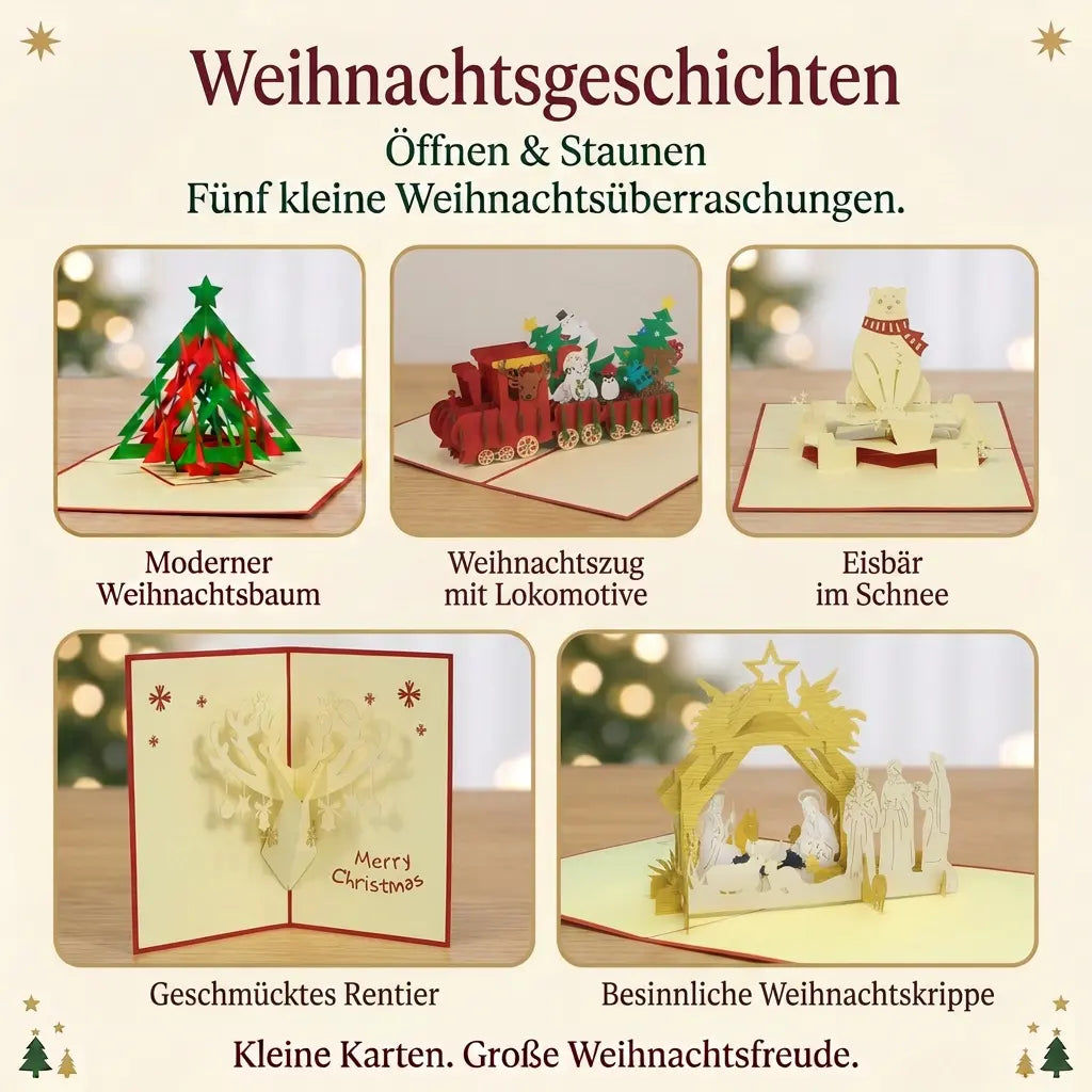 Fünf geöffnete Pop-Up-Karten des Sets Weihnachtsgeschichten mit Tannenbaum, Weihnachtszug, Eisbär, geschmücktem Rentierkopf und Weihnachtskrippe in goldgerahmten Bildfeldern.