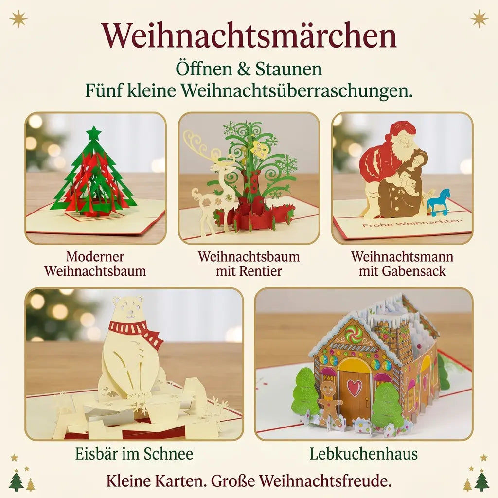 Fünf geöffnete Pop-Up-Karten des Sets Weihnachtsmärchen mit modernem Tannenbaum, Baum und Rentier, Weihnachtsmann mit Gabensack, Eisbär und Lebkuchenhaus