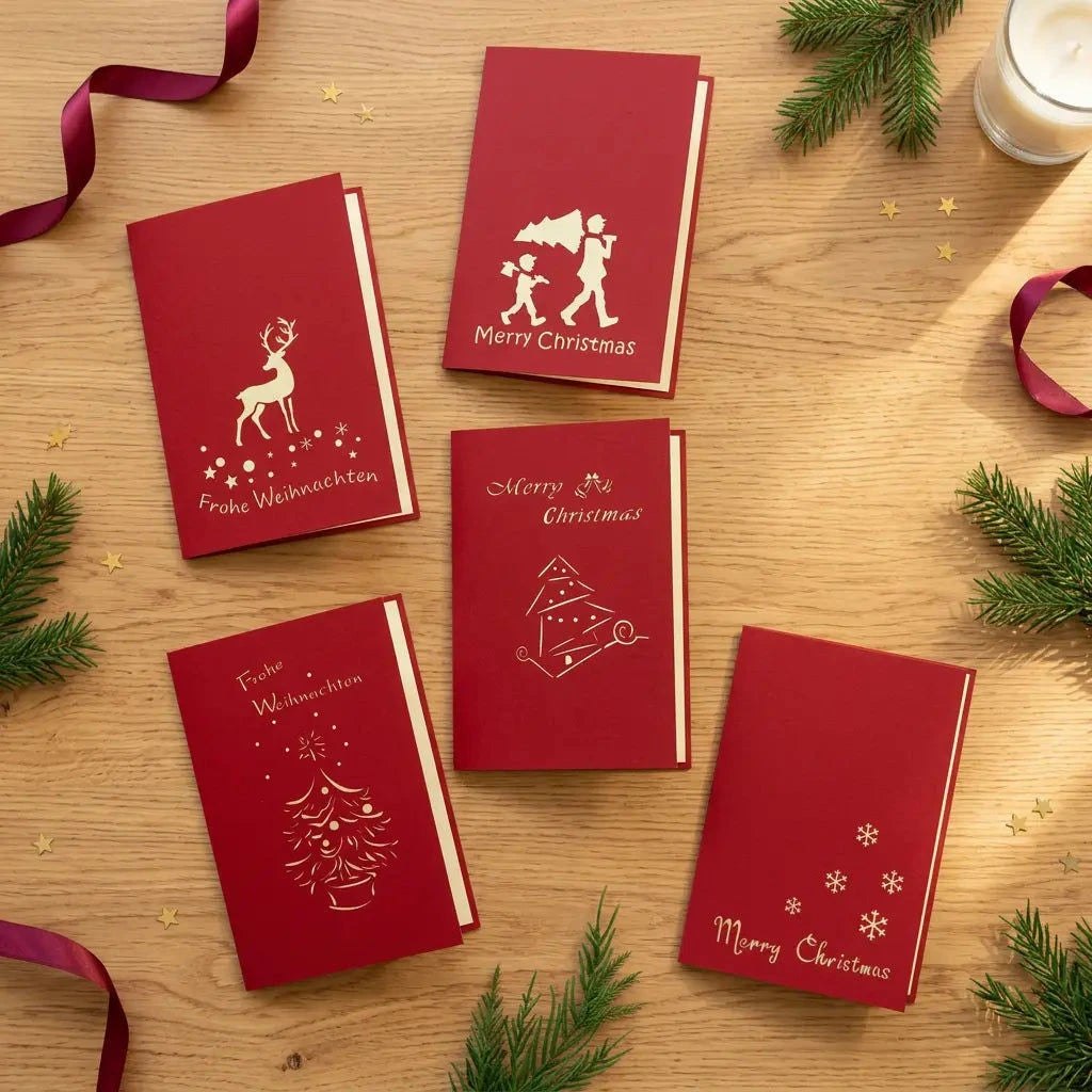 Fünf geschlossene rote Weihnachtskarten des Sets Winterwald mit Rentier-, Tannenbaum- und Schneeflockenmotiven auf einem Holztisch.