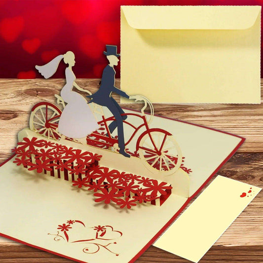 Hochzeitskarte Pop Up 3D - Glückwunschkarte zur Hochzeit, Brautpaar, Fahrrad, N88 - LINPopUp