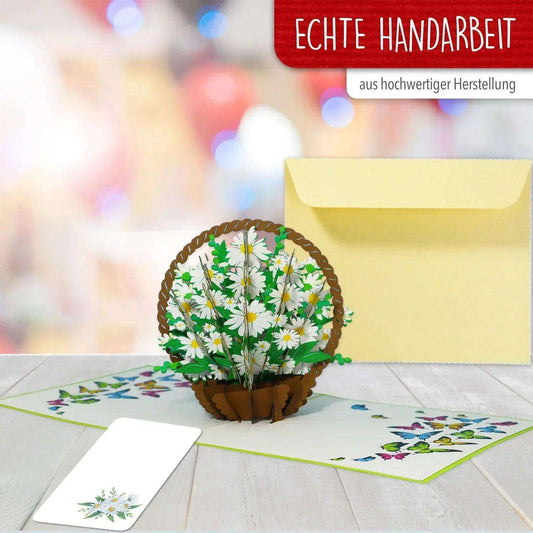 3D Pop-Up Karte Blumenkarte, Blumenkorb, Margeriten, N504 - LINPopUp