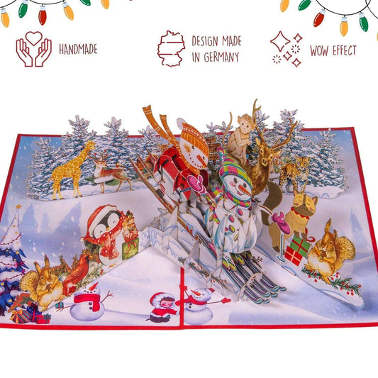 Pop Up Weihnachtskarte 3D - Schneemann auf Ski & Wintersport Szene, N464 - LINPopUp