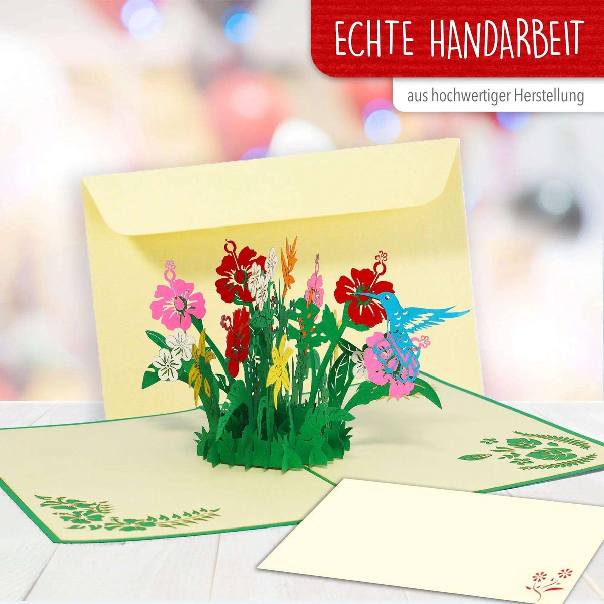 3D Pop-Up Blumenkarte mit Vogel, Hibiskus, Blumen, N375 - LINPopUp