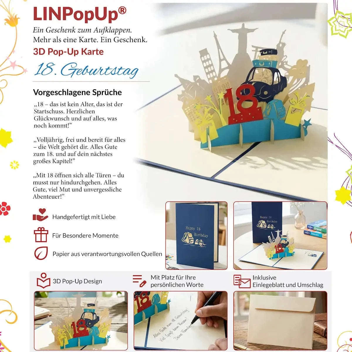 Pop Up Karte 3D Zahl 18 Freiheit Blau – 18. Geburtstag Geschenk für Jungs | LINPopUp LINPopUp 17257-N16