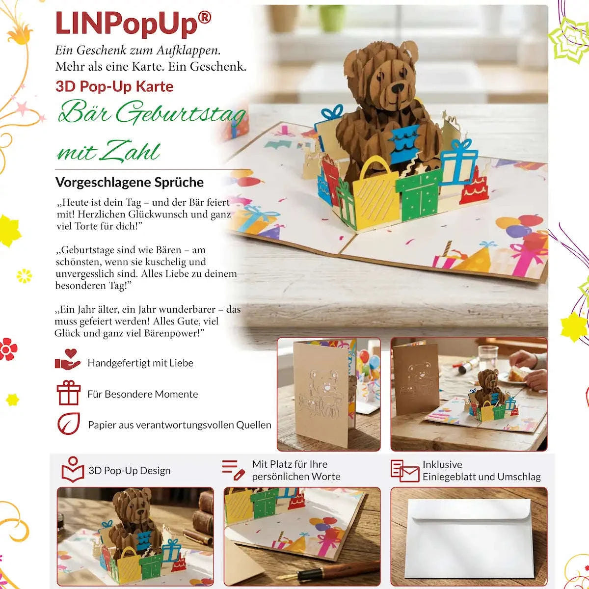 3D Pop-Up Karte Bär Geburtstag Zahl, N173 LINPopUp N173