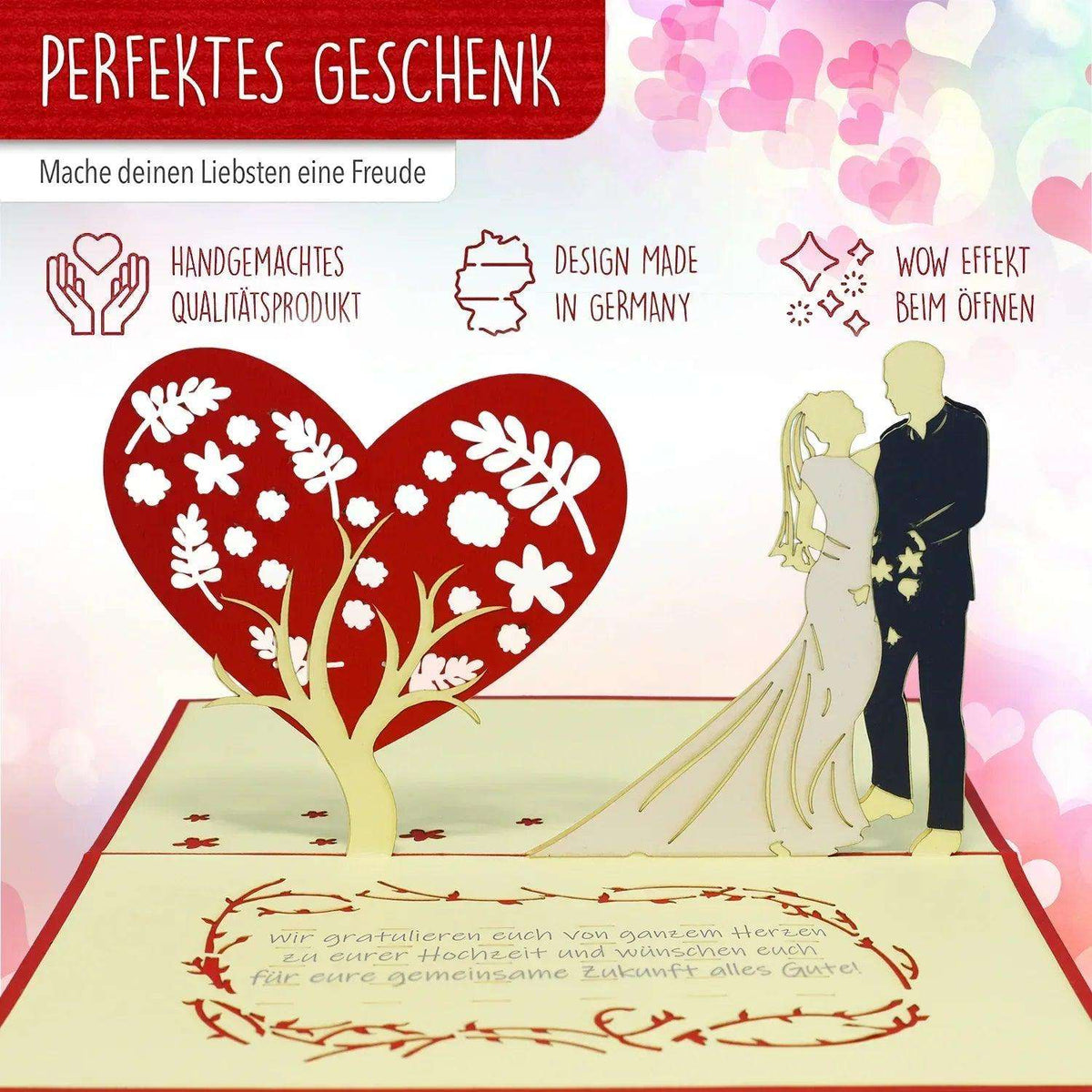 Hochzeitskarte Pop Up 3D - Glückwunschkarte zur Hochzeit, Brautpaar Herzbaum, N312 - LINPopUp