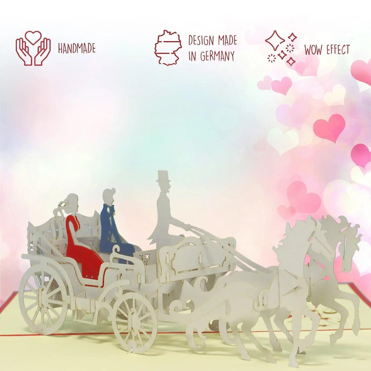 Hochzeitskarte Pop Up 3D - Glückwunschkarte zur Hochzeit, Brautpaar Kutsche, N84 - LINPopUp