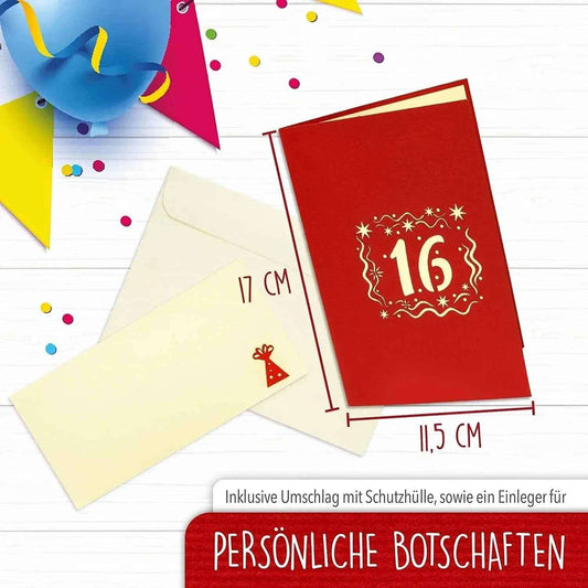 Pop-Up-Karte zum Geburtstag – Zahl 16, Geburtstagseinladung & Jubiläum, N365