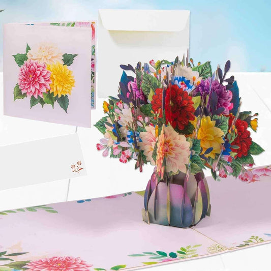Pop Up Karte 3D Dahlien Blumenstrauß – Grußkarte Geburtstag & Muttertag