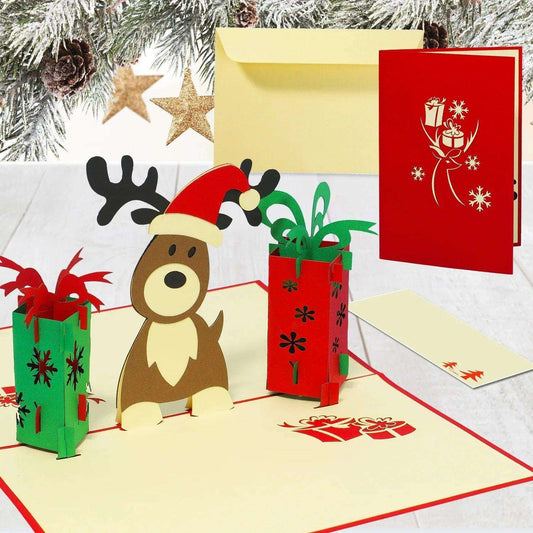 Pop Up Weihnachtskarte 3D - Rentier mit Geschenken, N448 - LINPopUp
