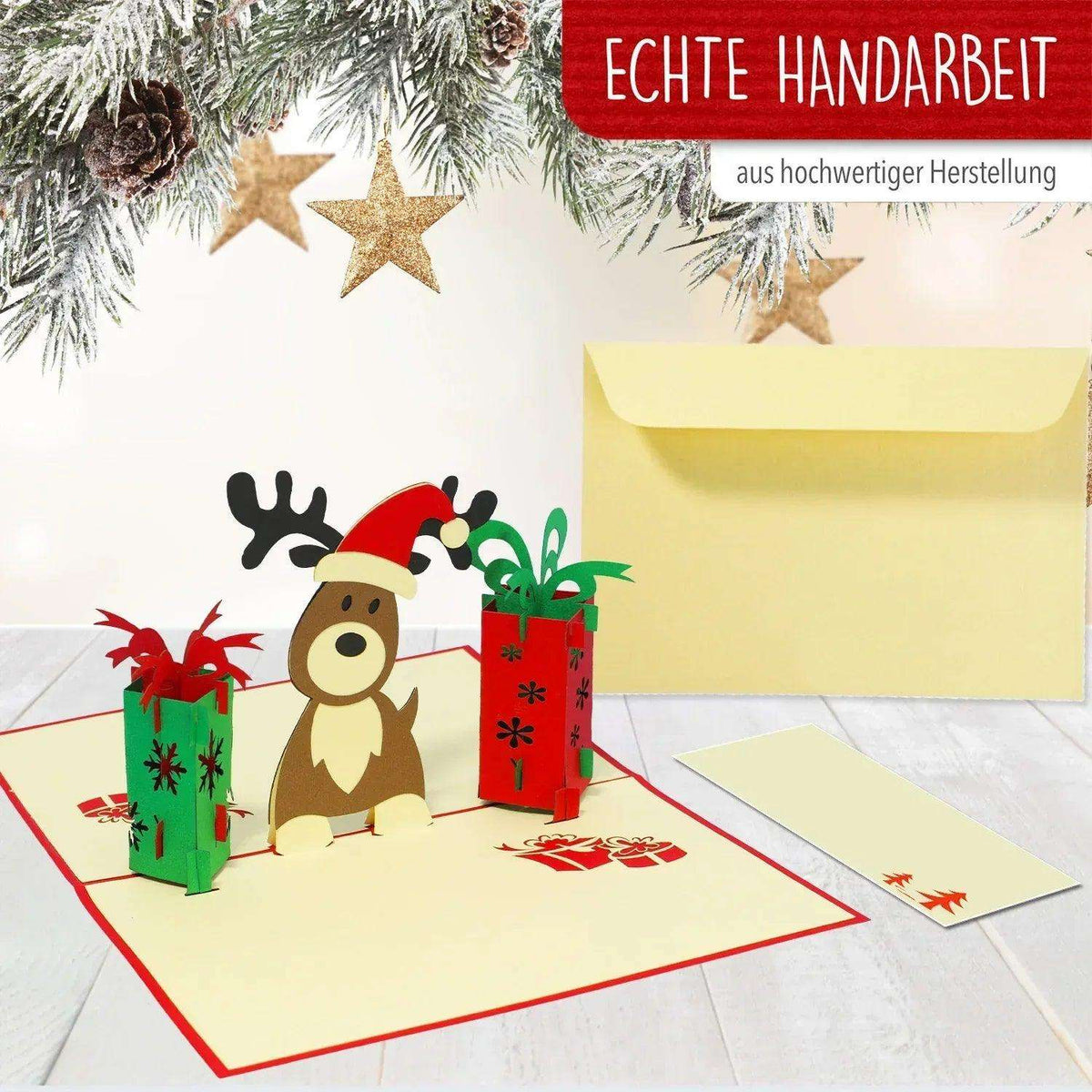 Pop Up Weihnachtskarte 3D - Rentier mit Geschenken, N448 - LINPopUp