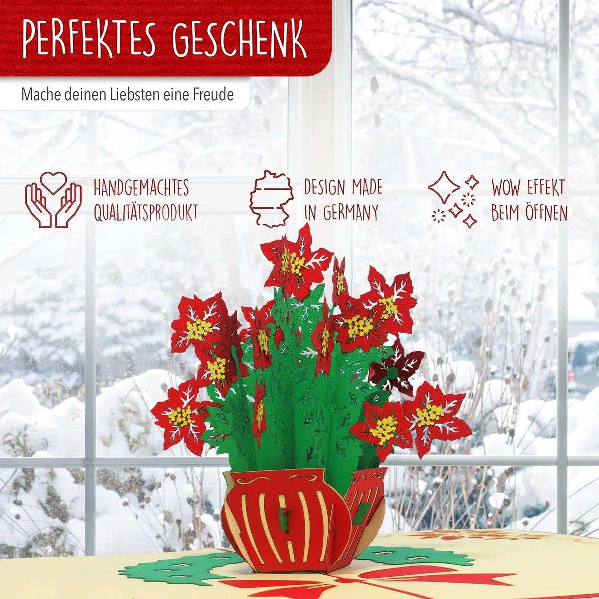 Pop Up Weihnachtskarte 3D - Weihnachtsblumen, Weihnachtssterne, N456 - LINPopUp