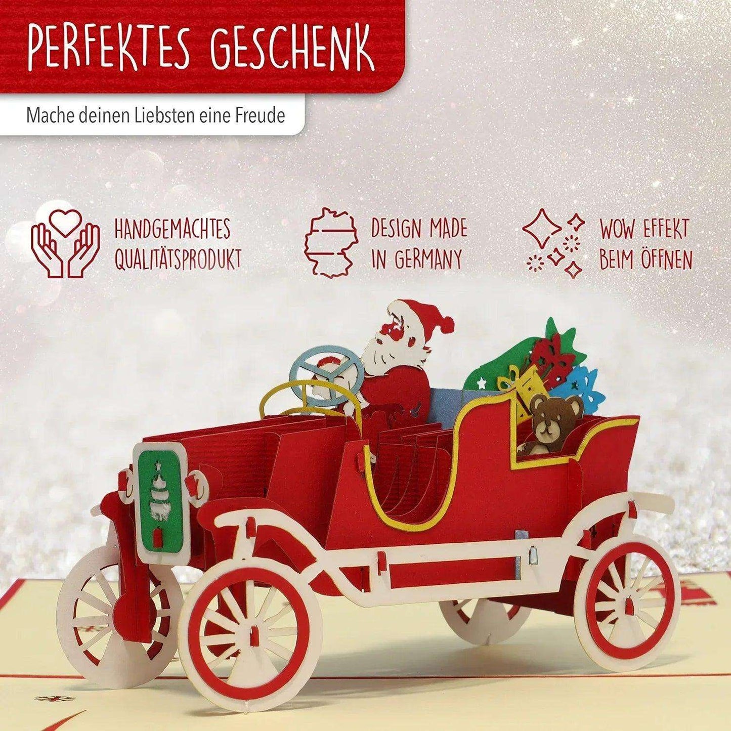 Pop Up Weihnachtskarte 3D - Weihnachtsmann im Auto, Oldtimer, N457 - LINPopUp
