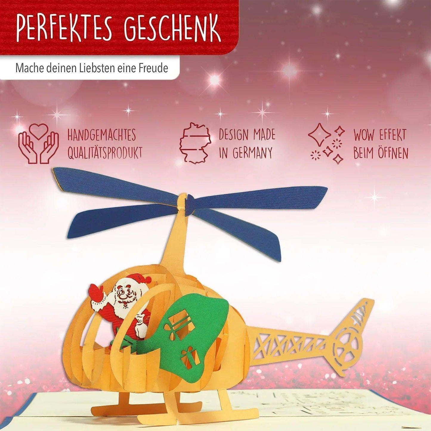 Pop Up Weihnachtskarte 3D - Weihnachtsmann im Helikopter, Hubschrauber, N454 - LINPopUp