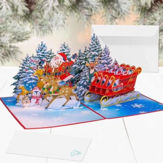 Pop Up Weihnachtskarte 3D - Weihnachtsmann im Wald mit Schlitten & Rentieren, N466 - LINPopUp