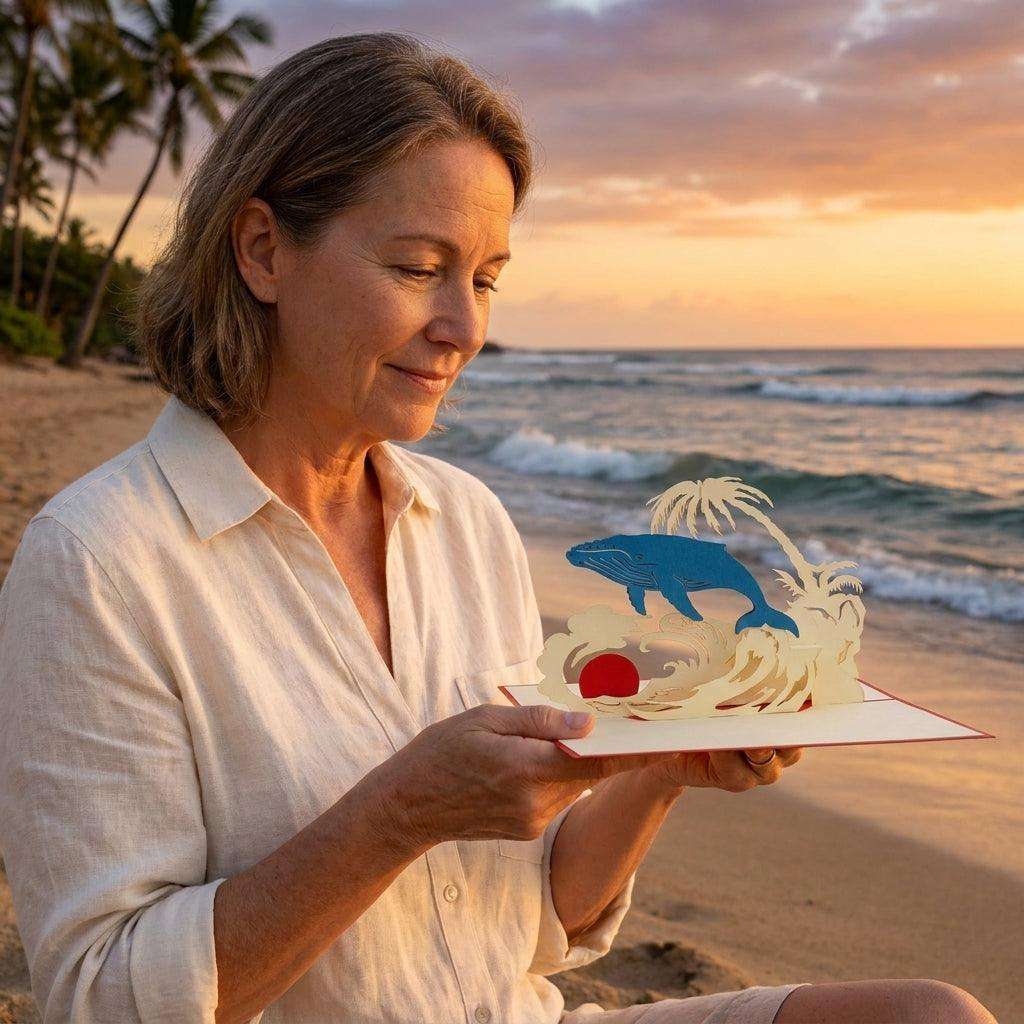 Pop-Up Karte 3D Reise Urlaub Gutschein – Buckelwal Grußkarte - Meer, Palmen & Sonne, LINPopUp - LINPopUp
