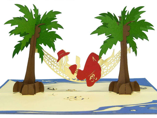 3D Pop-Up Karte Hängematte Strand Insel - Frau genießt Urlaub & Entspannung, N43 - LINPopUp