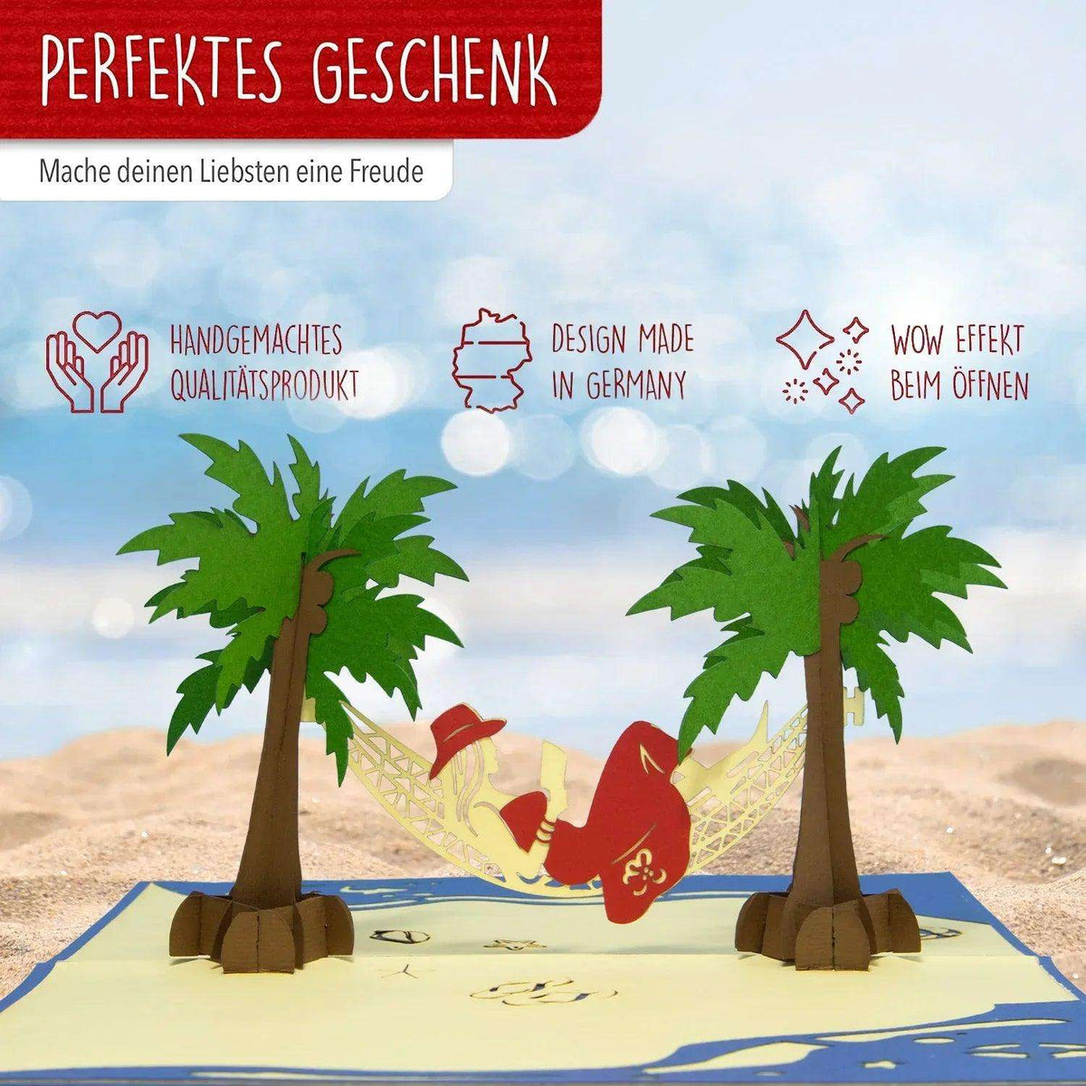 3D Pop-Up Karte Hängematte Strand Insel - Frau genießt Urlaub & Entspannung, N43 - LINPopUp