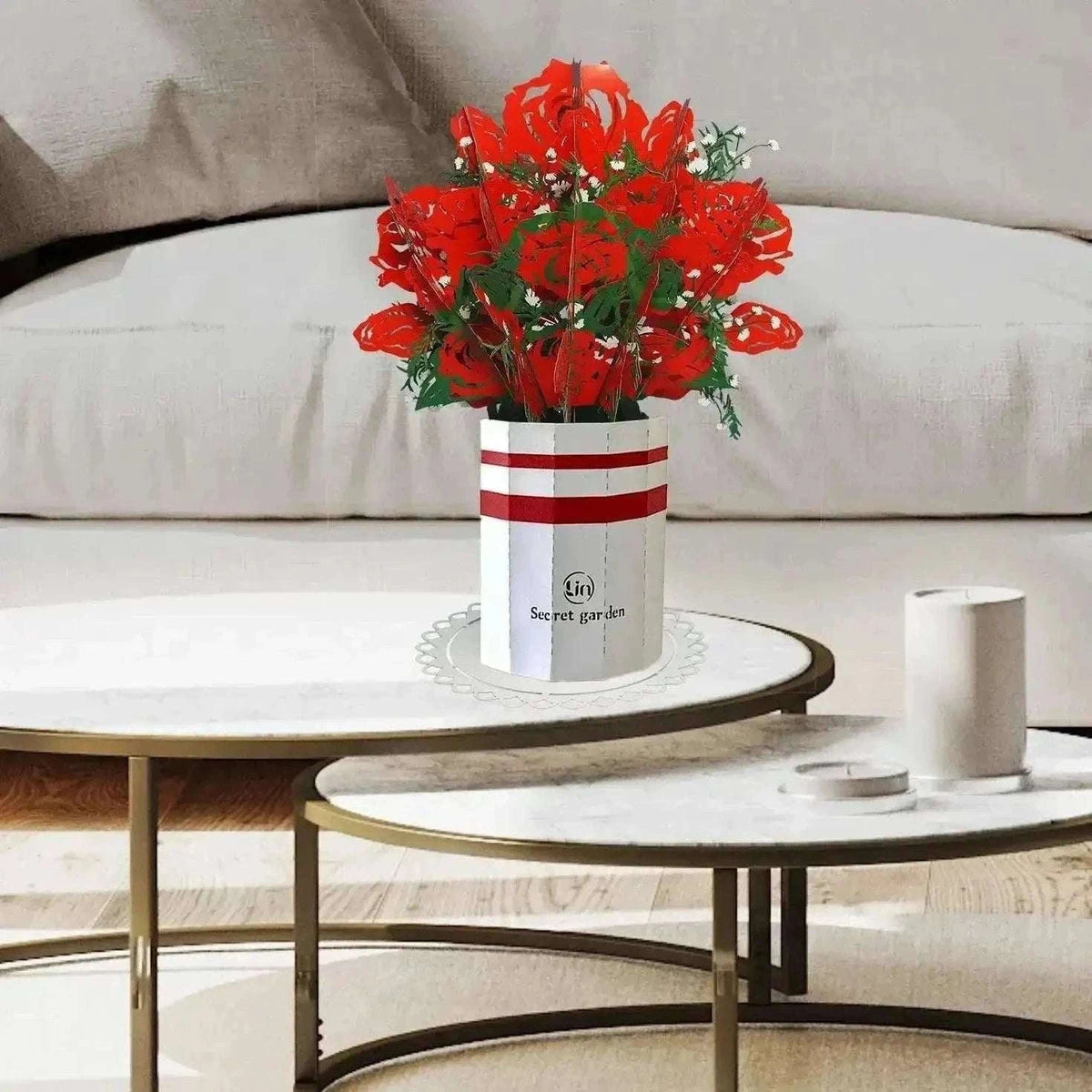 Pop-Up Karte Blumenstrauß - 3D Blumenstrauß mit Vase & Unterteller, N800 - LINPopUp