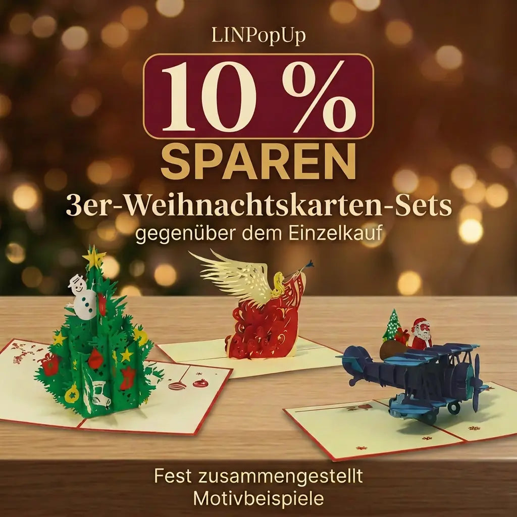 3er-Weihnachtskarten-Sets: 10 % sparen gegenüber dem Einzelkauf. Motivbeispiele mit Weihnachtsbaum, Engel und Nikolaus im Doppeldecker