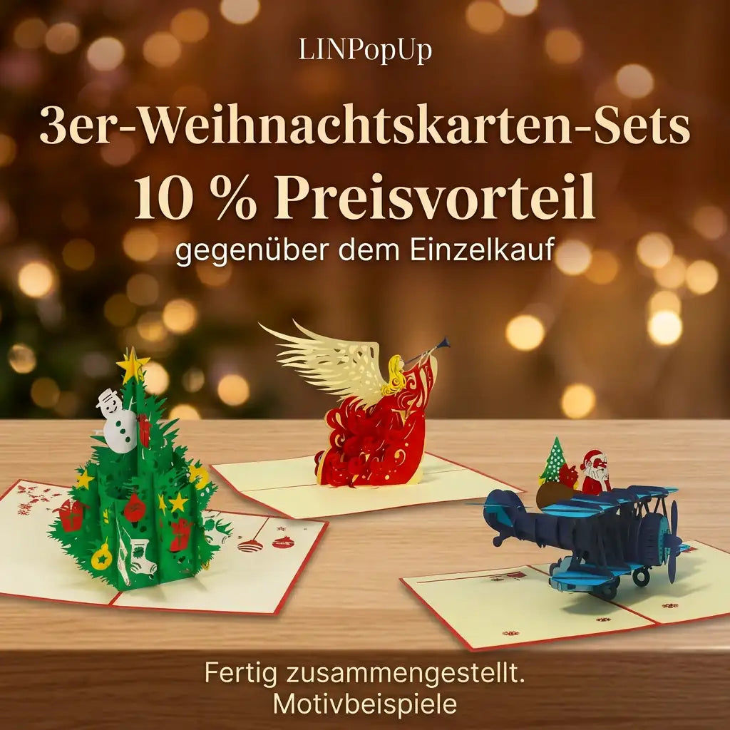 Motivbeispiele für LINPopUp 3er-Weihnachtskarten-Sets: Tannenbaum, Engel und Doppeldecker mit 10 % Preisvorteil gegenüber dem Einzelkauf
