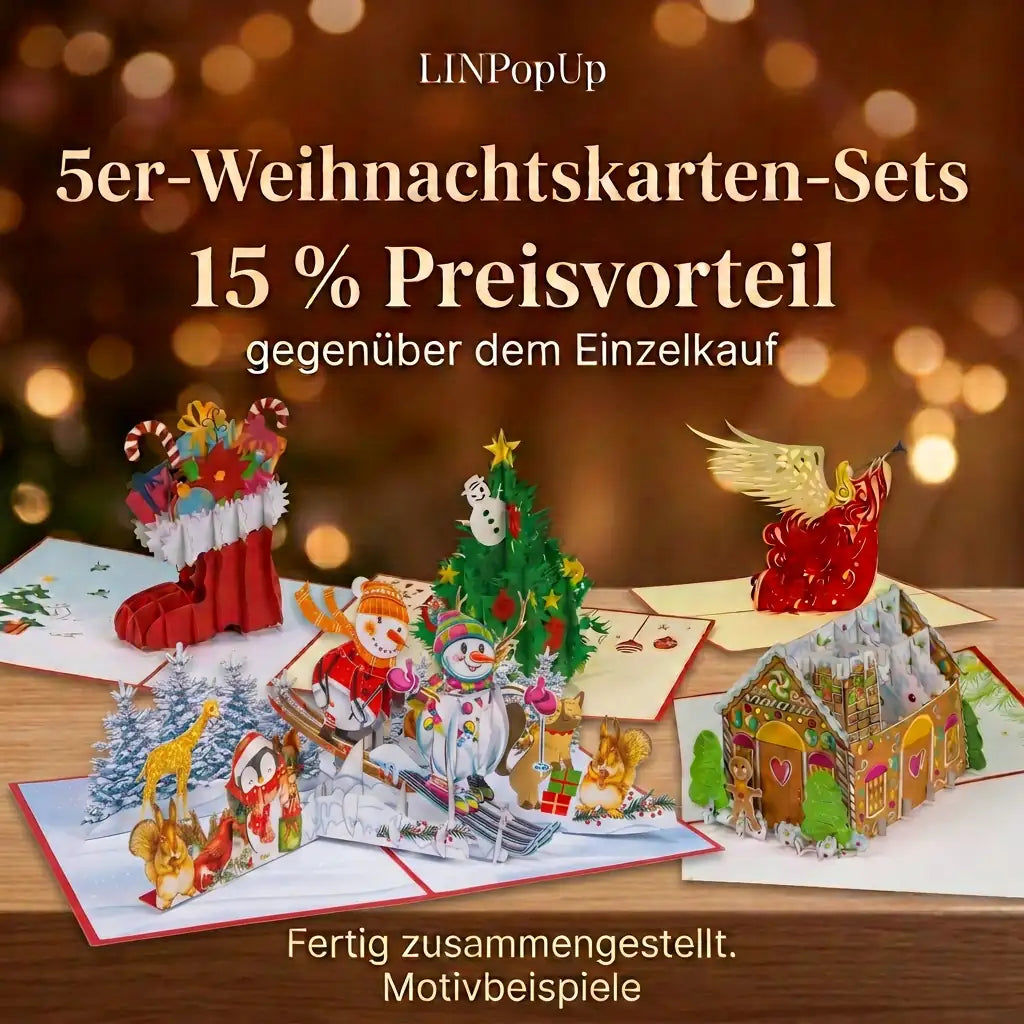 Motivbeispiele für LINPopUp 5er-Weihnachtskarten-Sets mit Tannenbaum, Engel, Nikolausstiefel, Lebkuchenhaus und Schneemännern auf Ski. 15 % Preisvorteil gegenüber dem Einzelkauf
