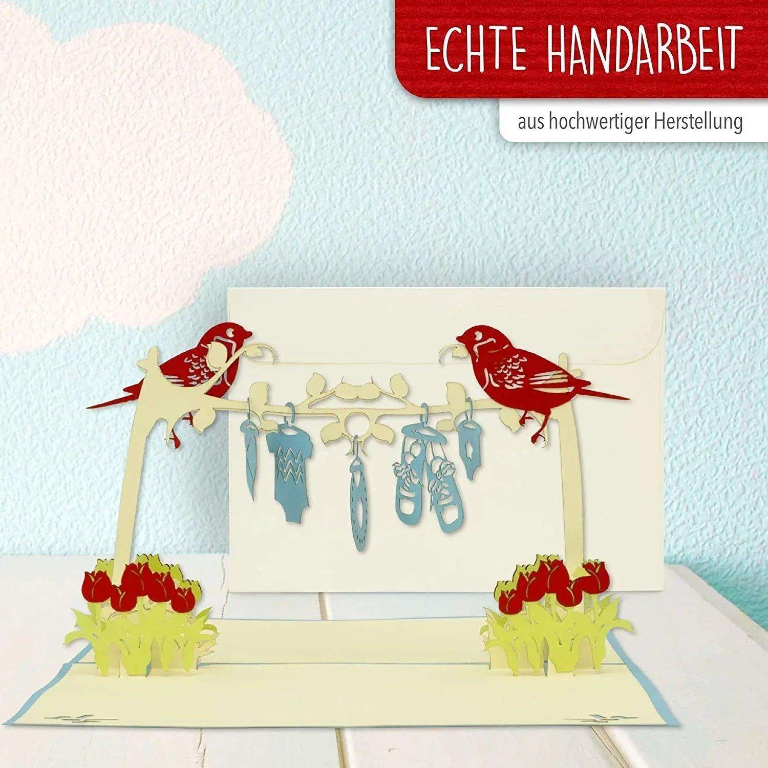 3D Pop-Up Karte Geburt - Glückwunschkarte Baby Junge Wäscheleine, N342 LINPopUp N342