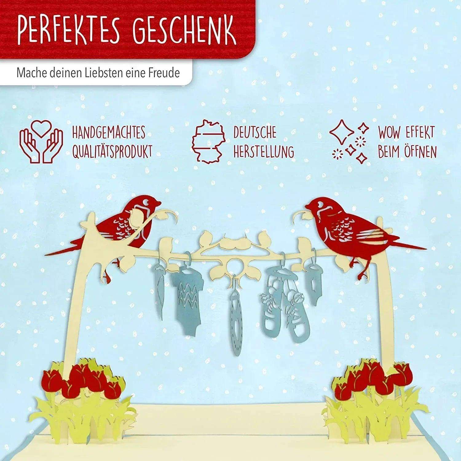 3D Pop-Up Karte Geburt - Glückwunschkarte Baby Junge Wäscheleine, N342 LINPopUp N342