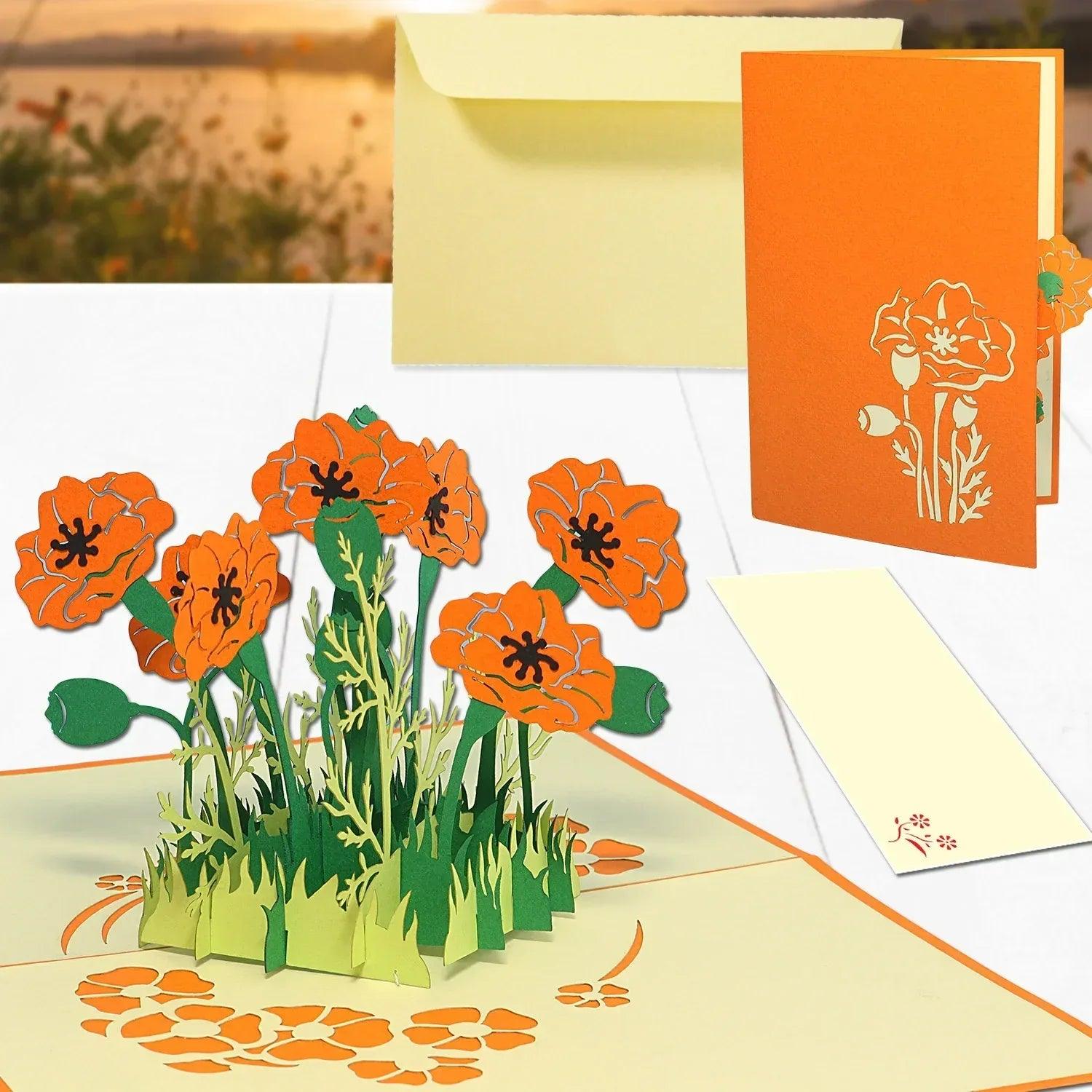 Pop Up Karte 3D Mohn Blume Orange – Grußkarte Geburtstag & Muttertag - LINPopUp