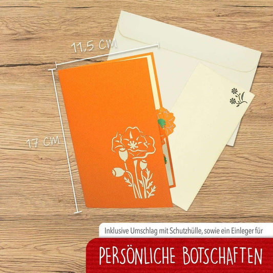 Pop Up Karte 3D Mohn Blume Orange – Grußkarte Geburtstag & Muttertag - LINPopUp