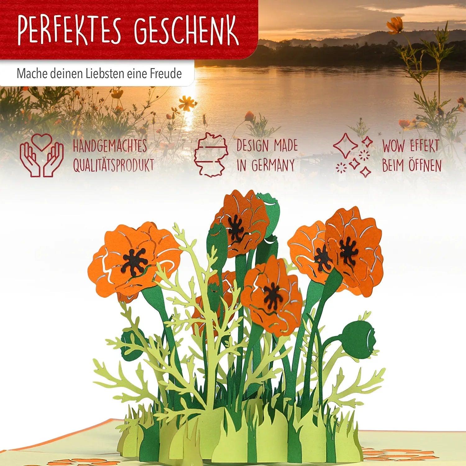 Pop Up Karte 3D Mohn Blume Orange – Grußkarte Geburtstag & Muttertag - LINPopUp