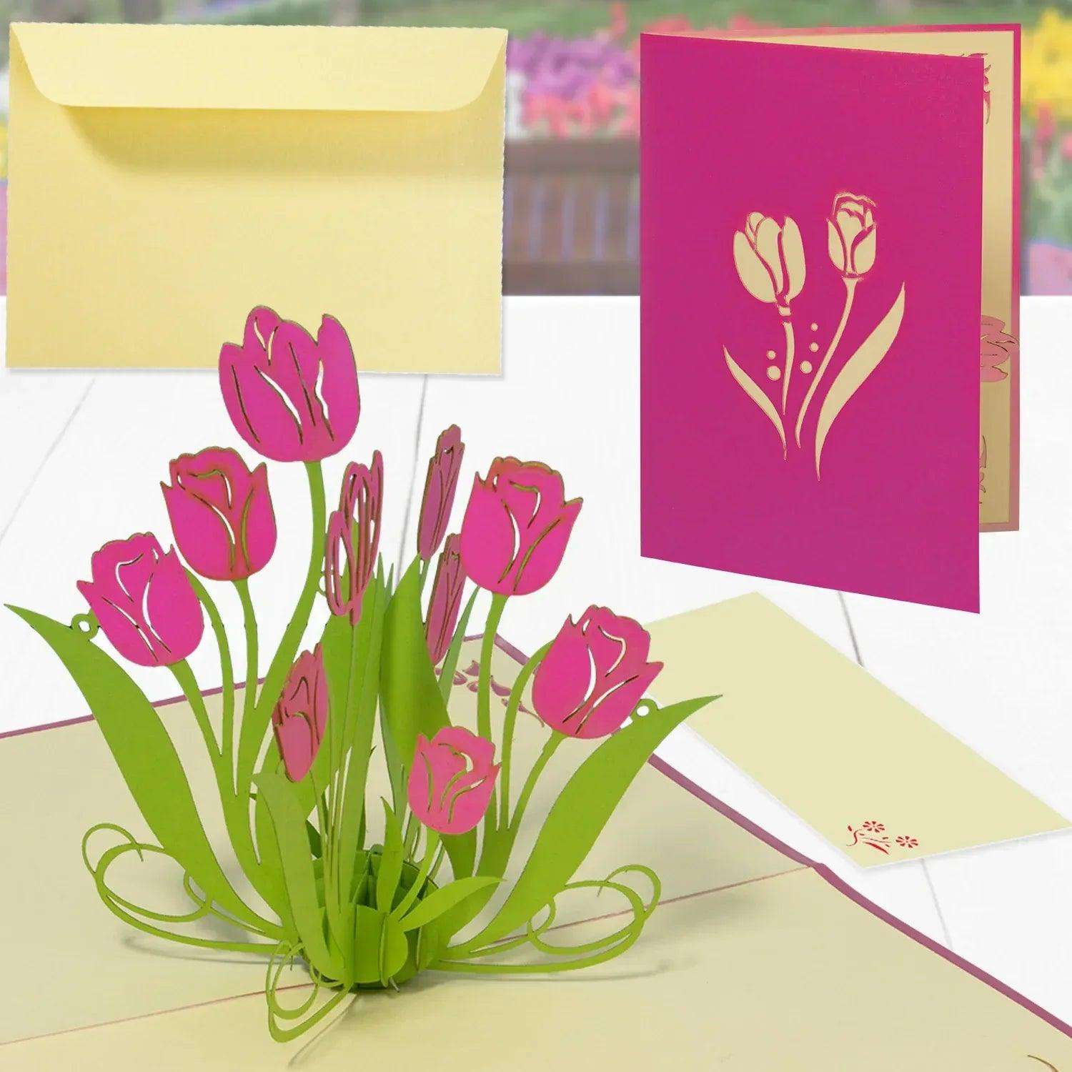 Pop Up Karte 3D Tulpen Rosa – Grußkarte Geburtstag & Muttertag - LINPopUp