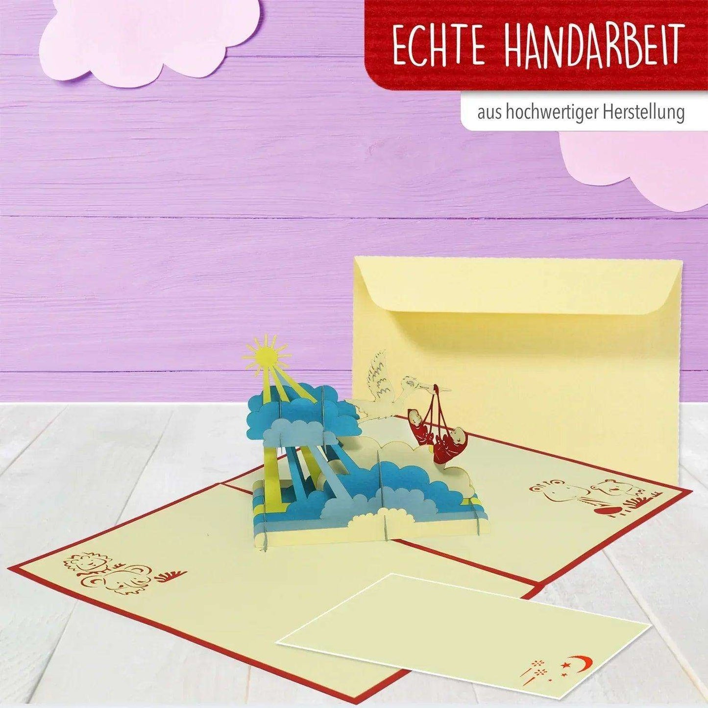 3D Pop-Up Karte Geburt Zwillinge - Glückwunschkarte Klapperstorch mit 2 Babys, N240 - LINPopUp
