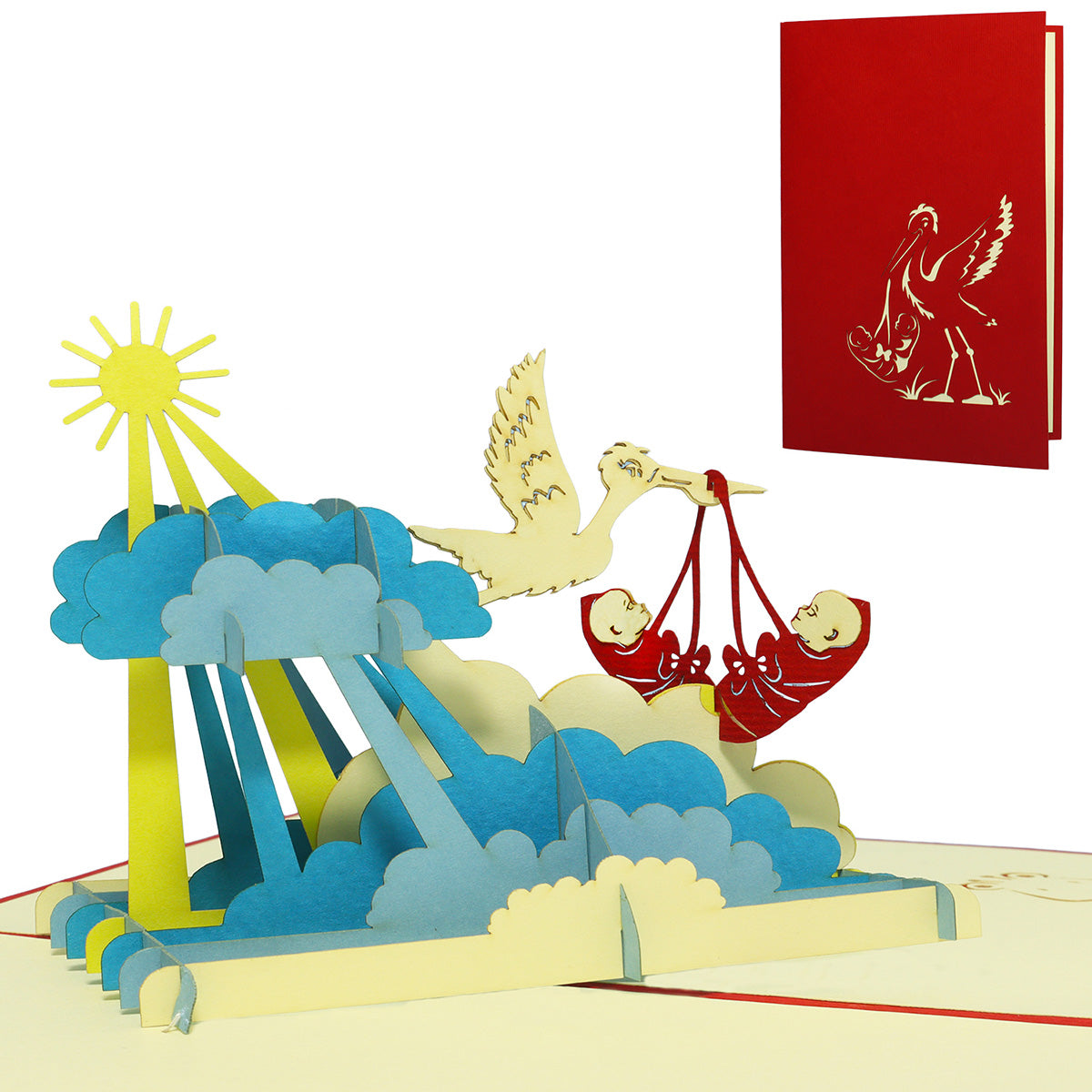 3D Pop-Up Karte Geburt Zwillinge - Glückwunschkarte Klapperstorch mit 2 Babys, N240