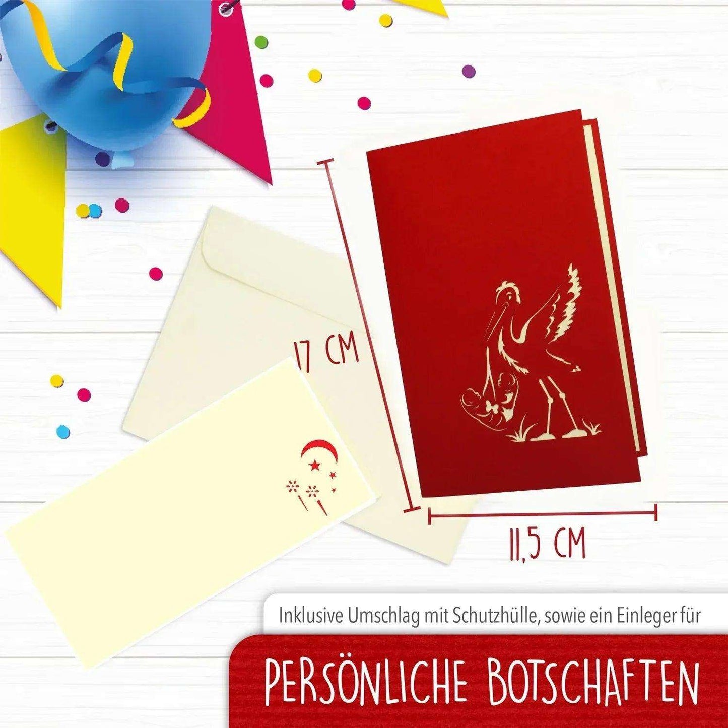 3D Pop-Up Karte Geburt Zwillinge - Glückwunschkarte Klapperstorch mit 2 Babys, N240 - LINPopUp