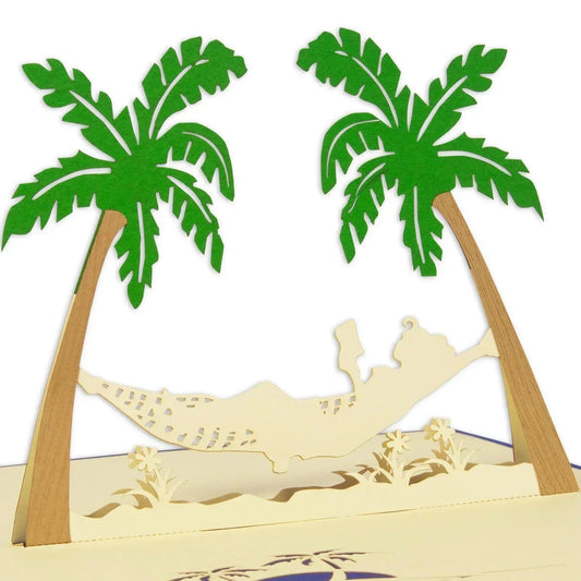 3D Pop-Up Karte Hängematte Strand Insel - Frau genießt Urlaub & Entspannung, N121 - LINPopUp