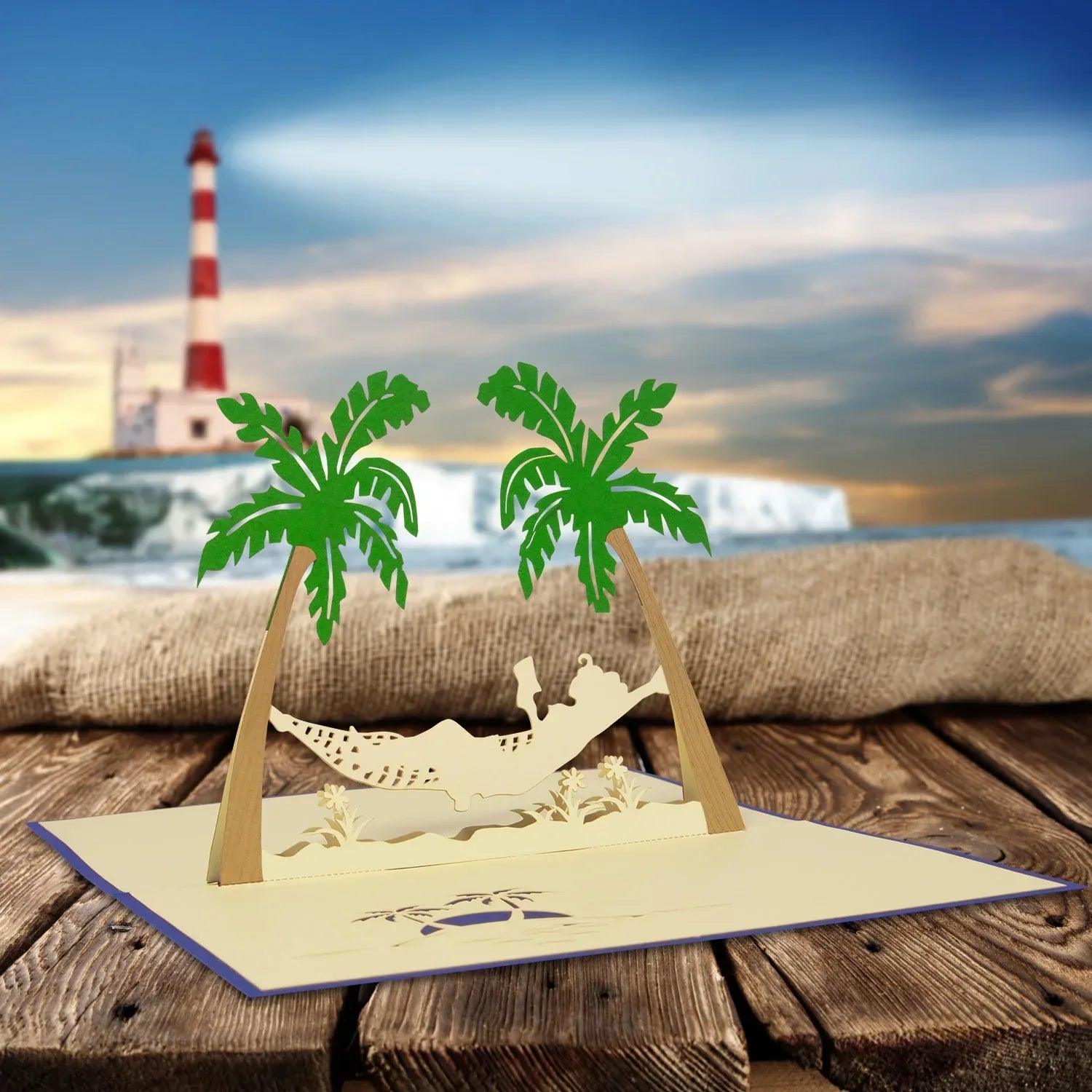 3D Pop-Up Karte Hängematte Strand Insel - Frau genießt Urlaub & Entspannung, N121 - LINPopUp