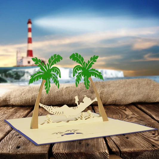 3D Pop-Up Karte Hängematte Strand Insel - Frau genießt Urlaub & Entspannung, N121 - LINPopUp