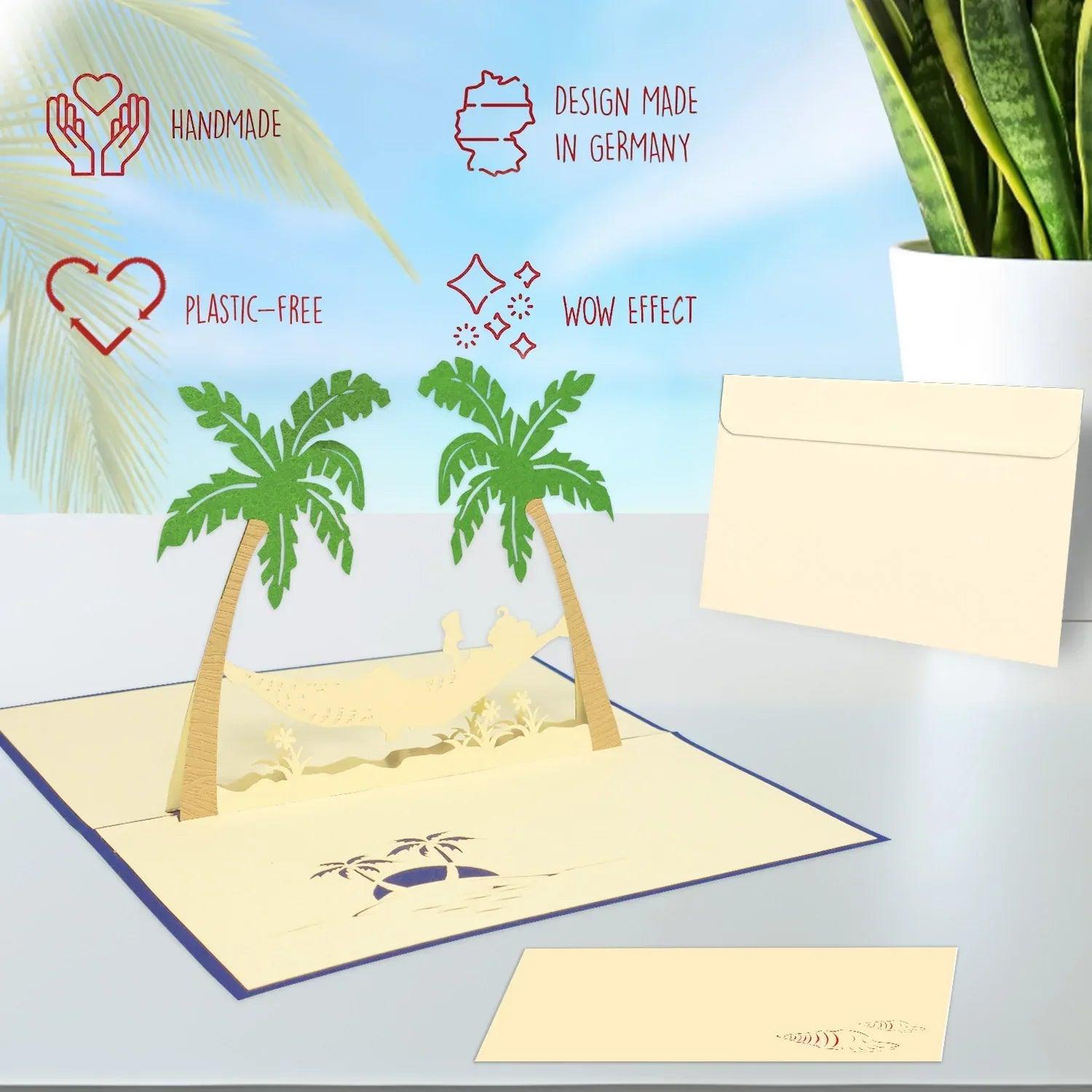 3D Pop-Up Karte Hängematte Strand Insel - Frau genießt Urlaub & Entspannung, N121 - LINPopUp