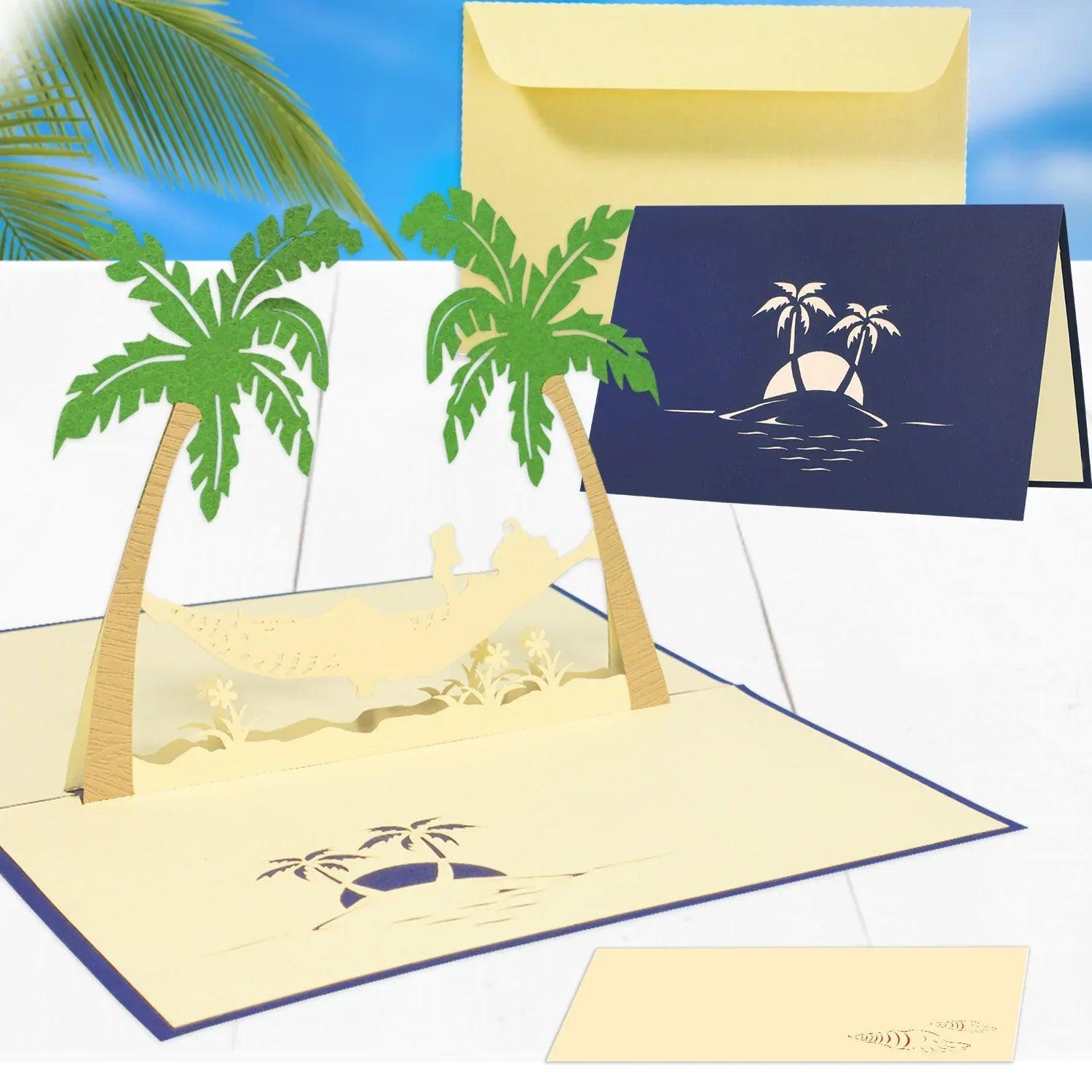 3D Pop-Up Karte Hängematte Strand Insel - Frau genießt Urlaub & Entspannung, N121 - LINPopUp