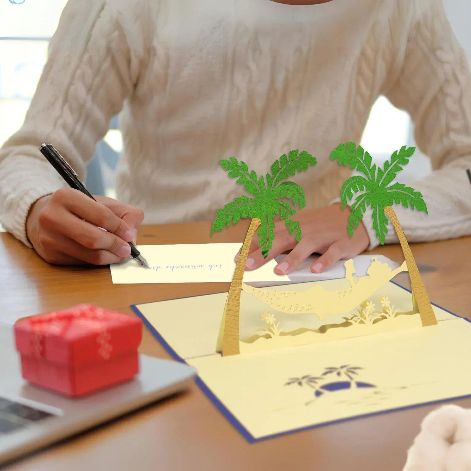 3D Pop-Up Karte Hängematte Strand Insel - Frau genießt Urlaub & Entspannung, N121 - LINPopUp