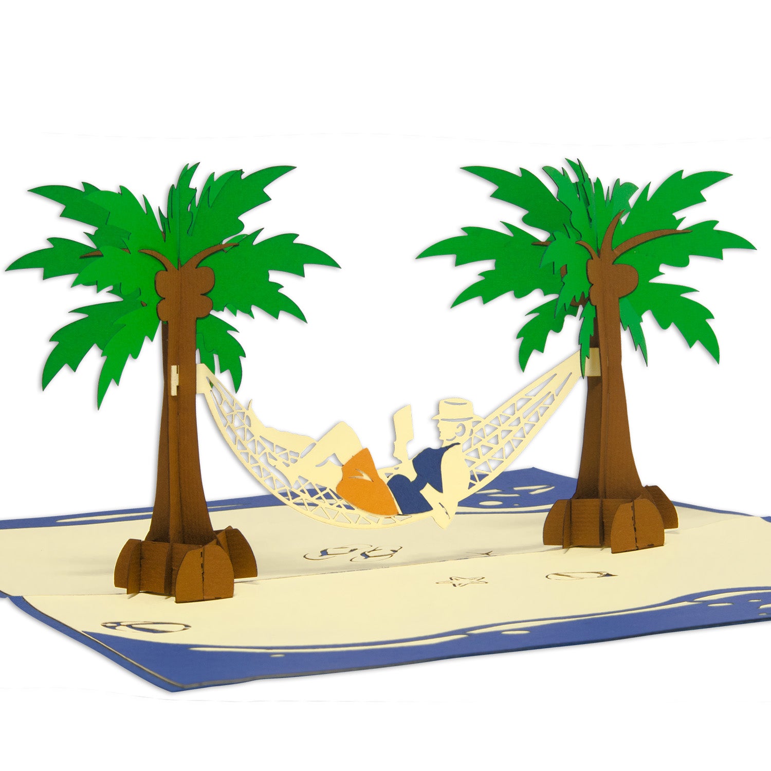 3D Pop-Up Karte Hängematte Strand Insel - Mann genießt Urlaub & Entspannung, N341