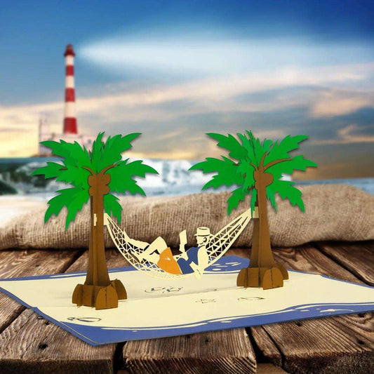 3D Pop-Up Karte Hängematte Strand Insel - Mann genießt Urlaub & Entspannung, N341 - LINPopUp