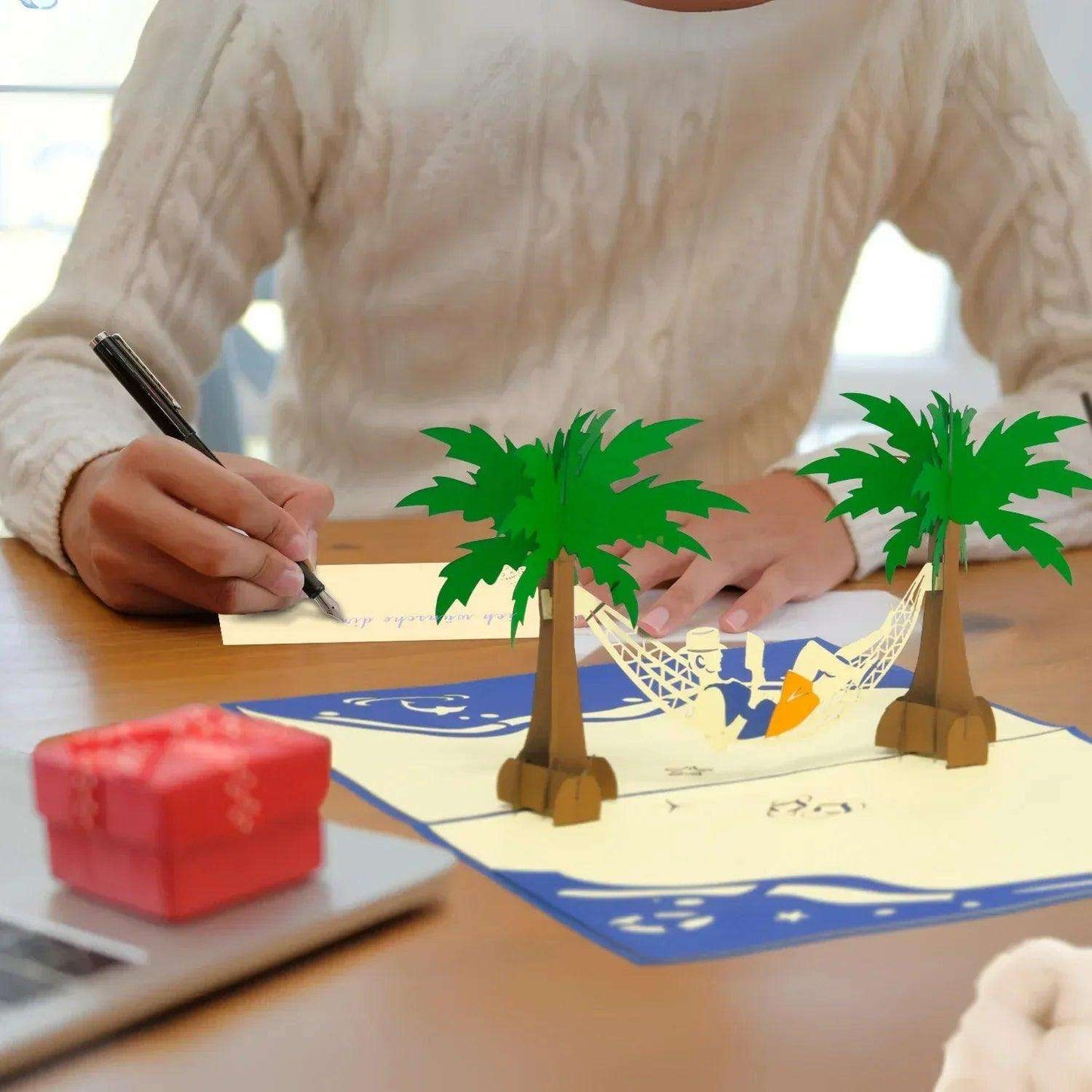 3D Pop-Up Karte Hängematte Strand Insel - Mann genießt Urlaub & Entspannung, N341 - LINPopUp