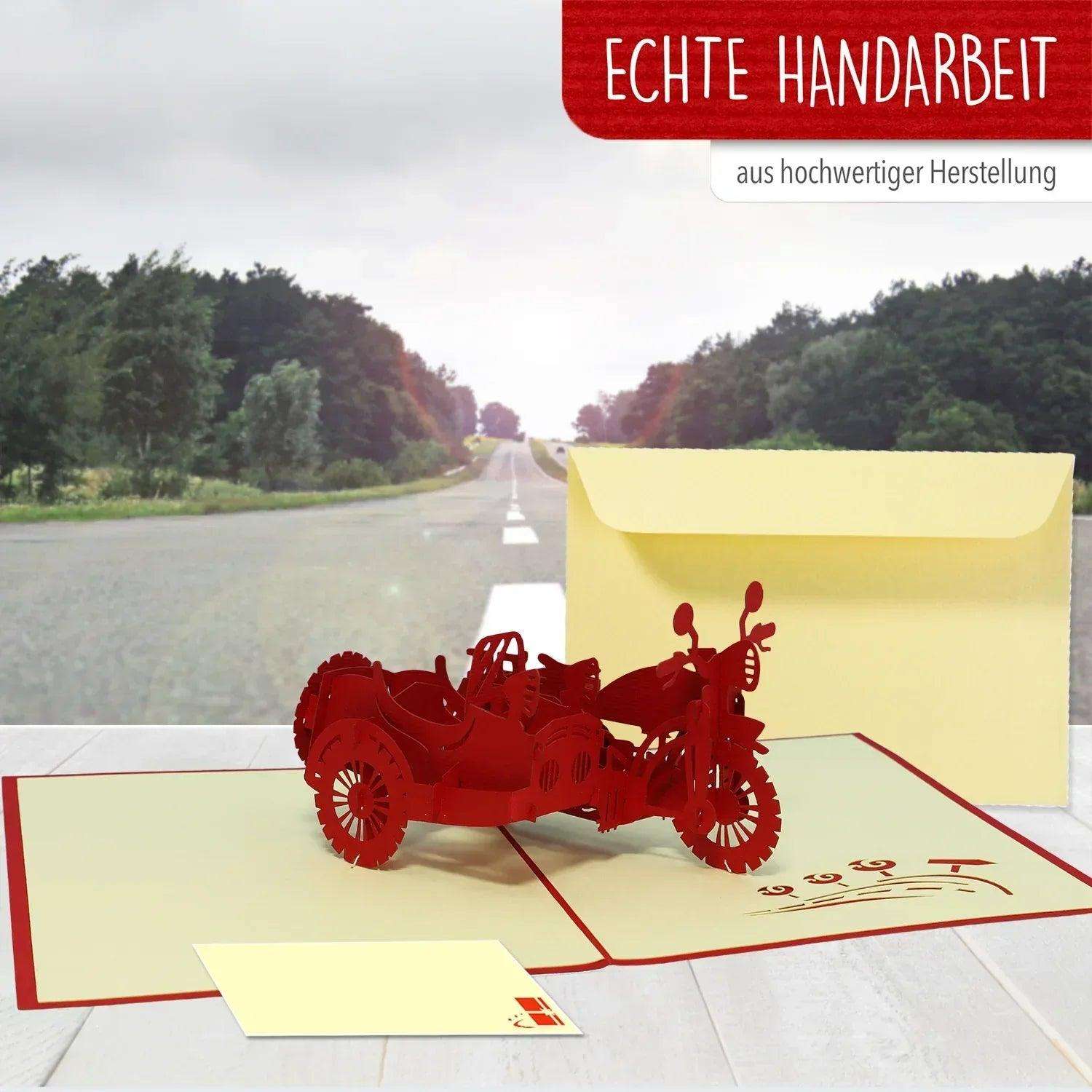 3D Pop-Up Karte Motorrad - Grußkarte für Biker & Motorradfans, Motorrad Beiwagen, N159 - LINPopUp
